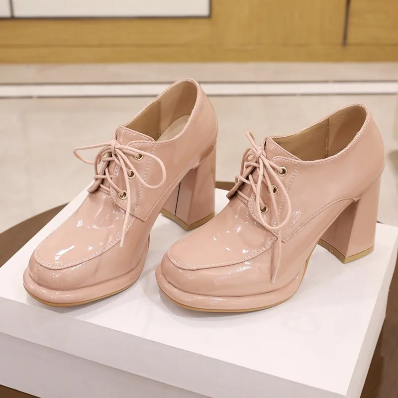 

Vintage Oxfords School Shoes For Women High Heels Patent Leather Square Toe Platform Pink Heeled Cross-tied Female Shoes Size 43