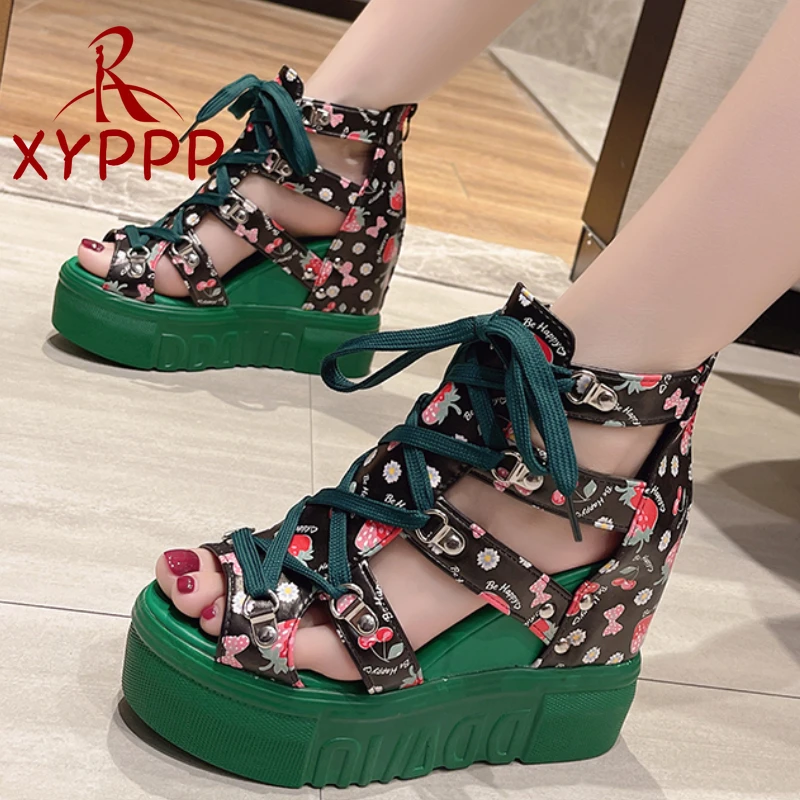 

2022 Hot Women Summer Sandals Floral Print Wedges Heels Sandals Women Corss-tied Height Increasing Fashion Causal Shoes Ladies