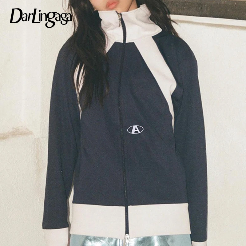 

Куртка Darlingaga в стиле Харадзюку С пэчворком на молнии для женщин, осеннее пальто в Корейском стиле преппи, Повседневная Верхняя одежда с отложным воротником, контрастная