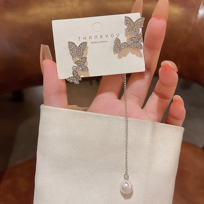 

Asymmetrical Crystal Butterfly Clip On Earring Pearl Bead Ear Cuff Long Tassels Earrings For Women Clip Jewelry