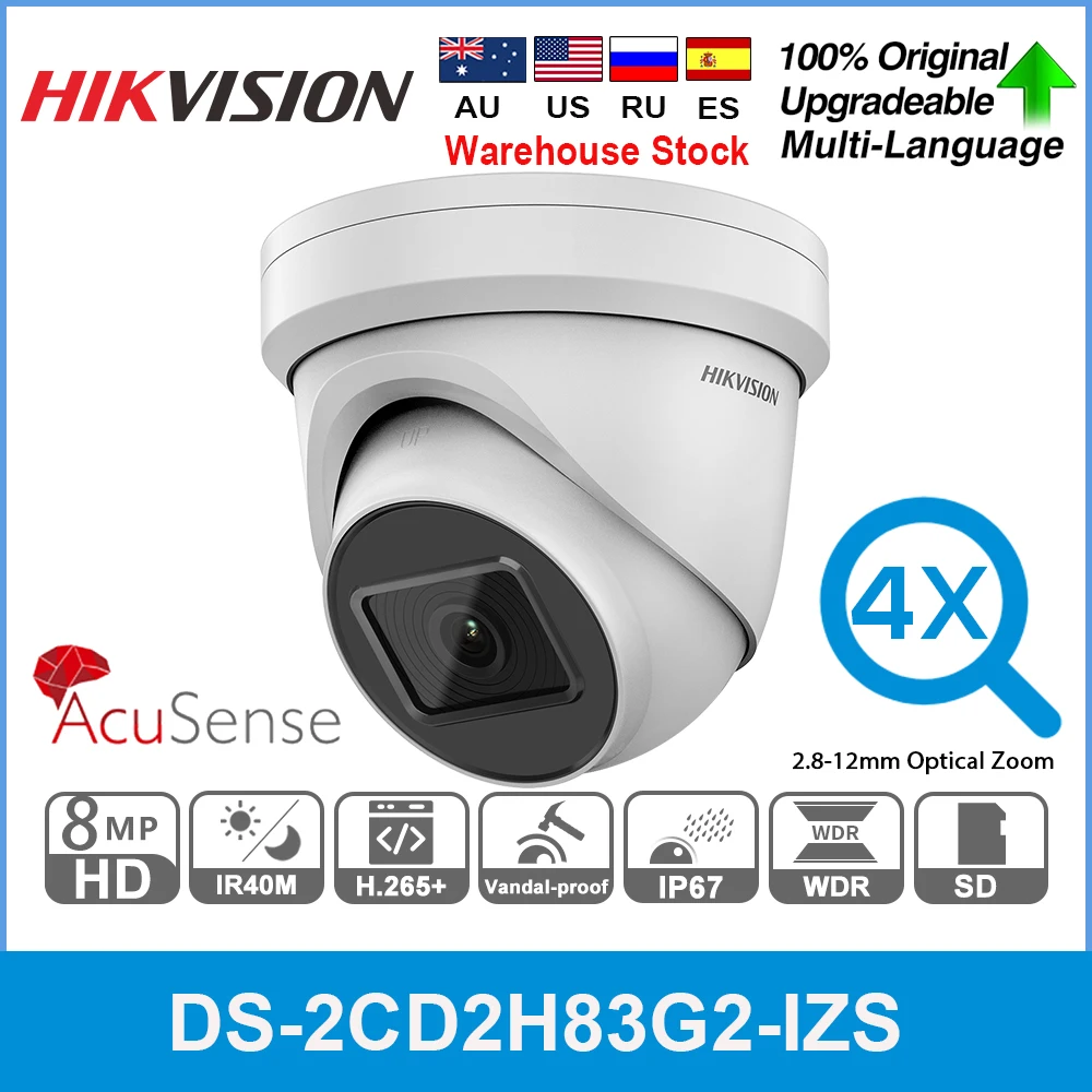 

Hikvision DS-2CD2H83G2-IZS 8MP AcuSense 4K Camera Security 4X Zoom 2.8–12mm Motorized Varifocal Turret CCTV Video Surveillance