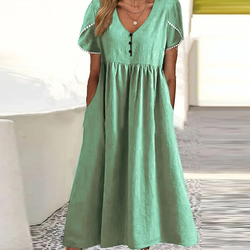 

Spring V Neck Buttoned Cotton Linen Dress Women Sexy Short Sleeve Lace Party Dress Summer Solid Pockets A-Line Office Lady Dress