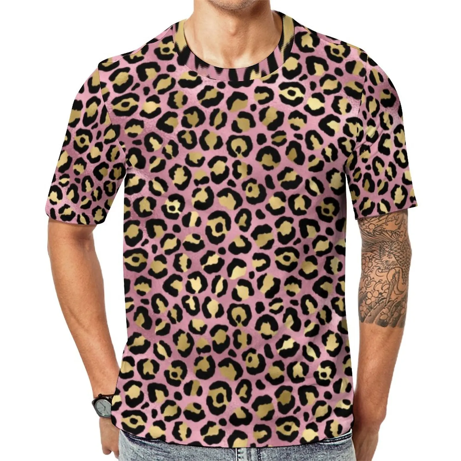 

Розовая и Золотая Футболка с леопардовым принтом, футболки с животным принтом, оригинальные футболки в стиле Харадзюку, Одежда большого раз...