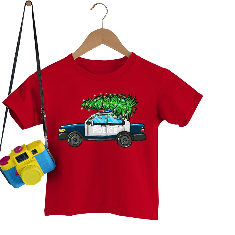 

Police Cars Carrying Christmas Trees Print Kids T-Shirts Boys Girls 2022 Summer Fashion Round Neck Cartoon Children's Clothing