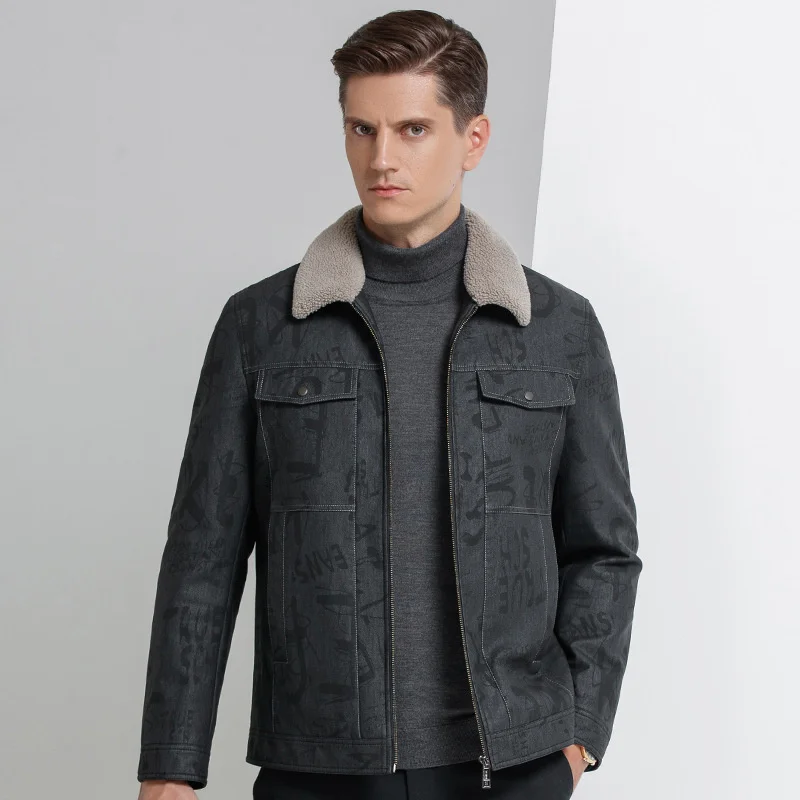 

Coat Slim Men Fashion Faux Wool Collar Streetwear Oversized Outerwear Autumn Winter New Male Printed Denim Leather Down Jackets