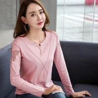 embroidery beading t shirt women hollow out long sleeve top cotton tee shirt femme autumn casual korean style woman clothes tees