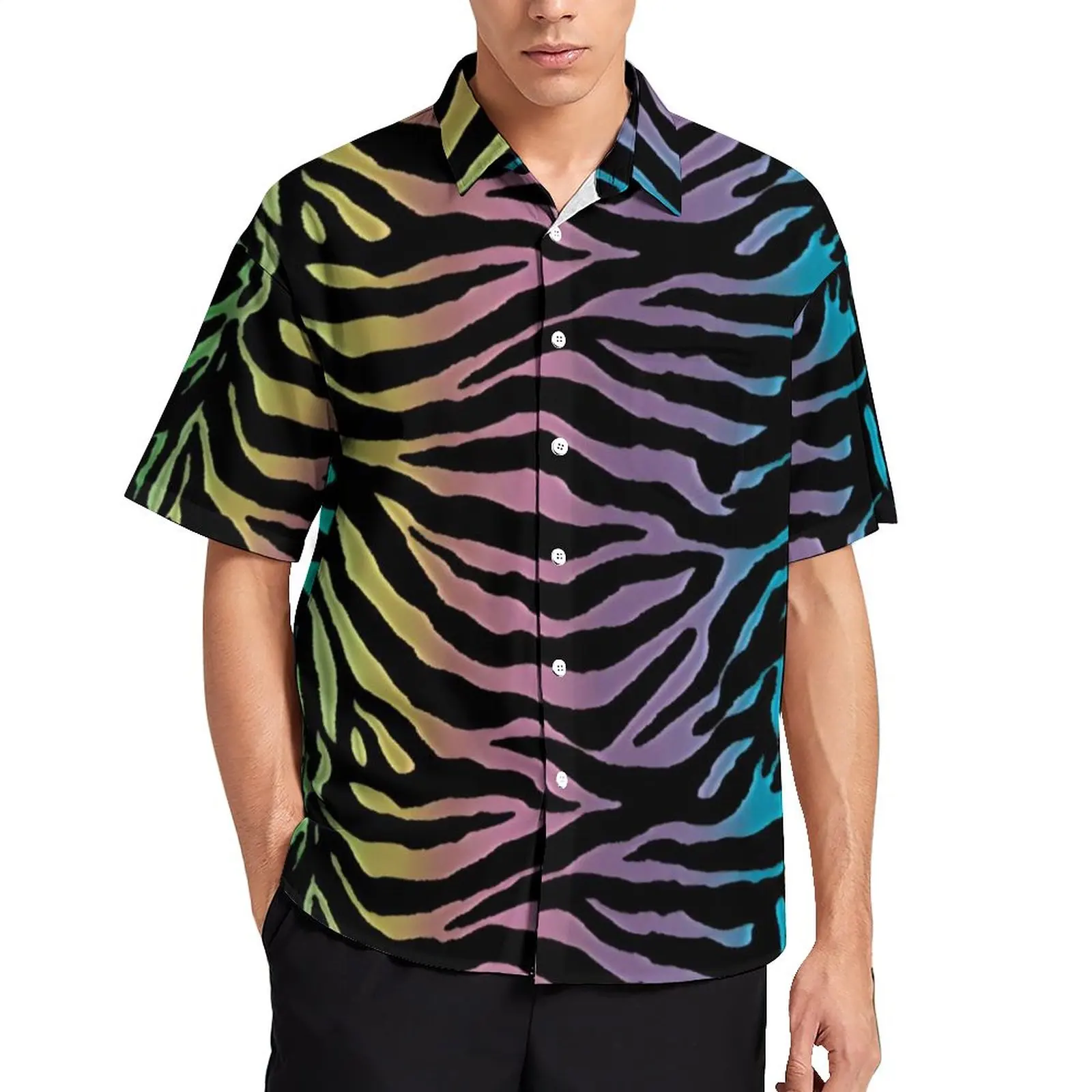 

Rainbow Black Stripe Zebra Casual Shirt Animal Print Vacation Loose Shirt Vintage Blouses Short Sleeve Design Oversize Tops