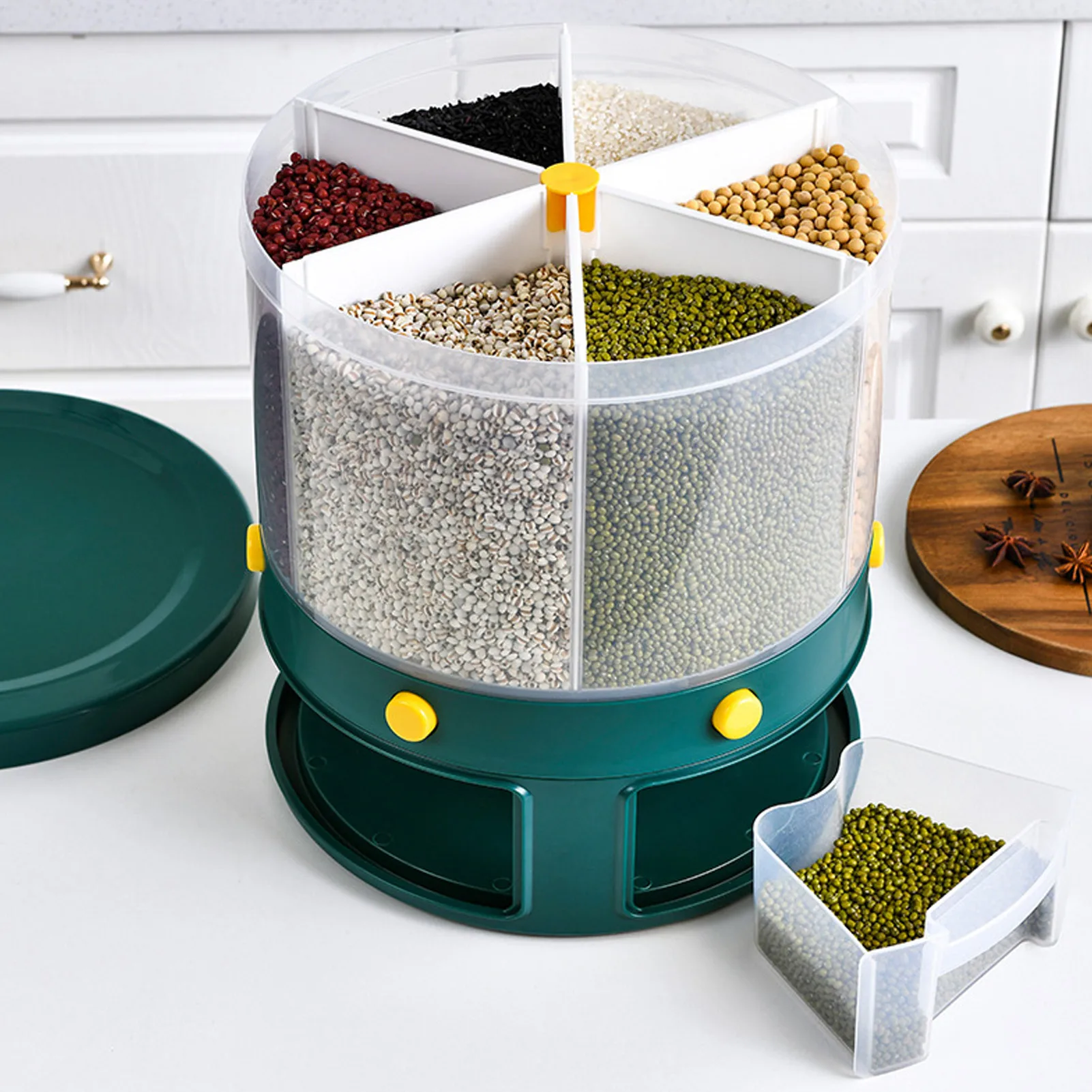 

Круглый дозатор для риса, 6 ячеек, вращающаяся емкость для хранения зерен, водонепроницаемый корпус
