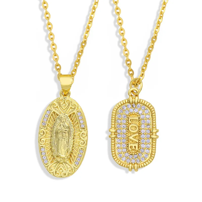 

San Benito Virgin Mary Pendant Necklace for Women Copper CZ Oval L O V E Letter Card Short Chain Religious Faith Couple Jewelry