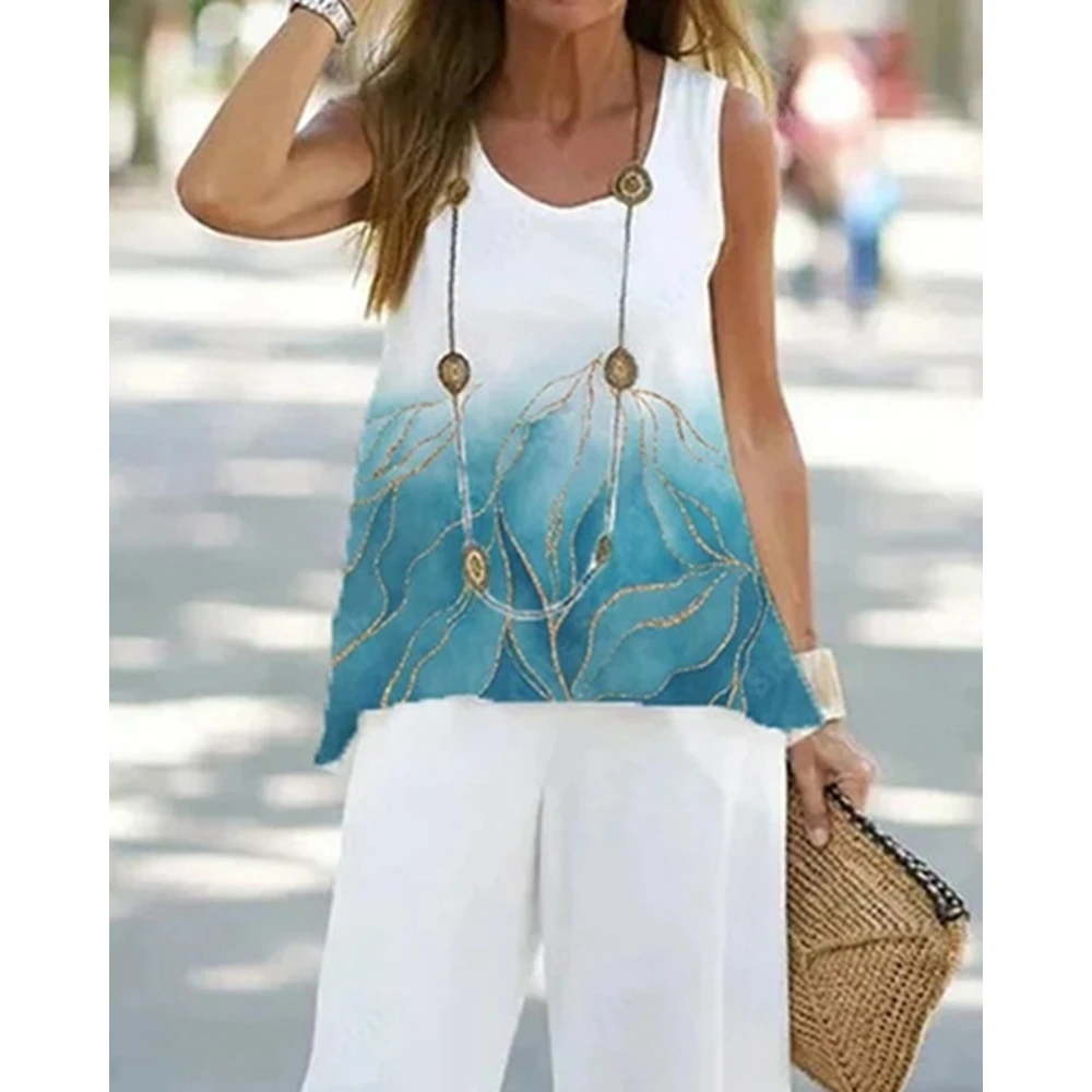 Summer Women Marble Print Round Neck Sleeveless Tank Top & Wide Leg Pants Set Causal Streetwear New In Suit 2023 y2k Clothes