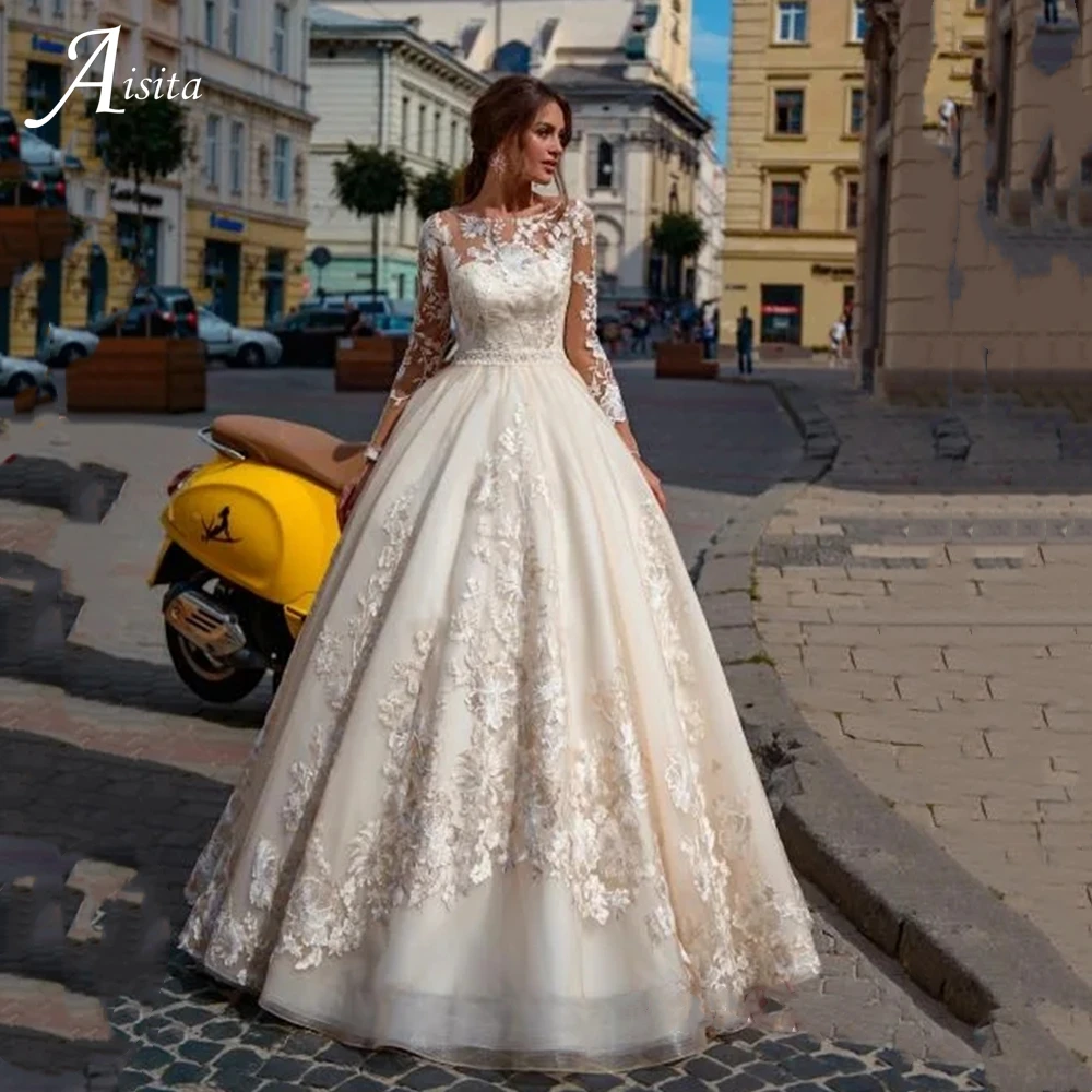 

Elegant Plus Size Bridal Wedding Dresses Lace Sleeve Vestidos De Boda Lace Appliques Champagne Bride Robe O Neck Bride Dress