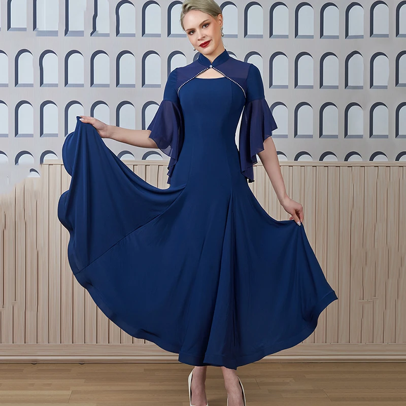 

New Navy Blue Ballroom Dance Practice Dress For Women Sexy Modern Dance Costumes Big Swing Waltz Tango Danceing Clothes