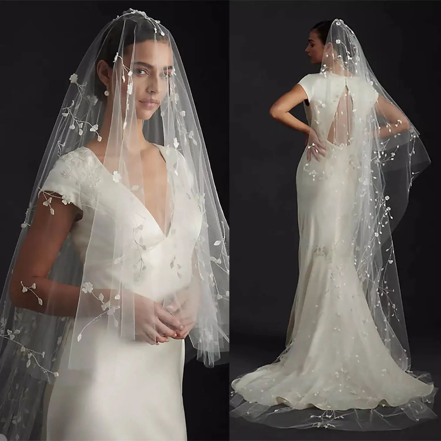 Свадебная фата с аппликацией длинная двухслойная фотосессия длинной рукояткой и
