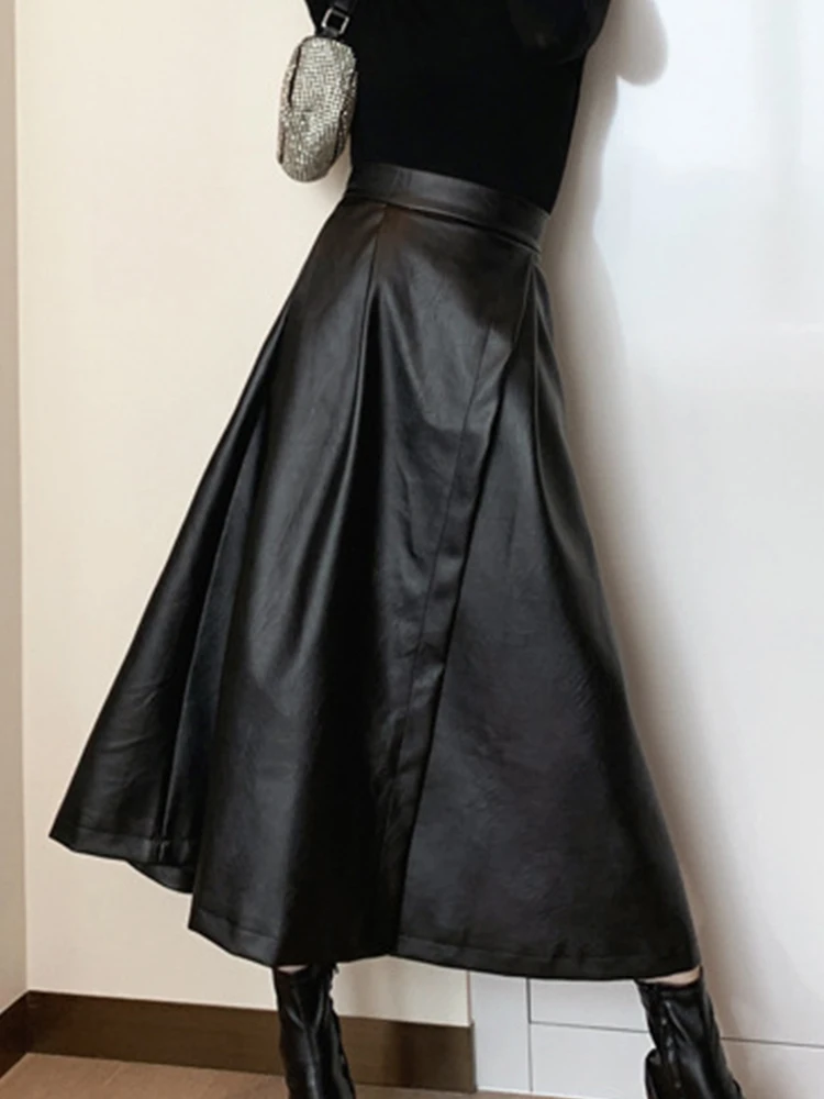 

2022 Autumn New Women's Fashion Temperament Black High Waist Leather PU Skirt Long Skirt Large Swing A-line Pocket Femme Clothes