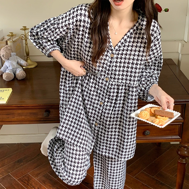 CAIYIER Women Korean Cartoon Sleepwear Casual V-Neck Long Sleeve Nightwear Autumn Sweet Girl Pajamas Set Loose Outifits Homewear