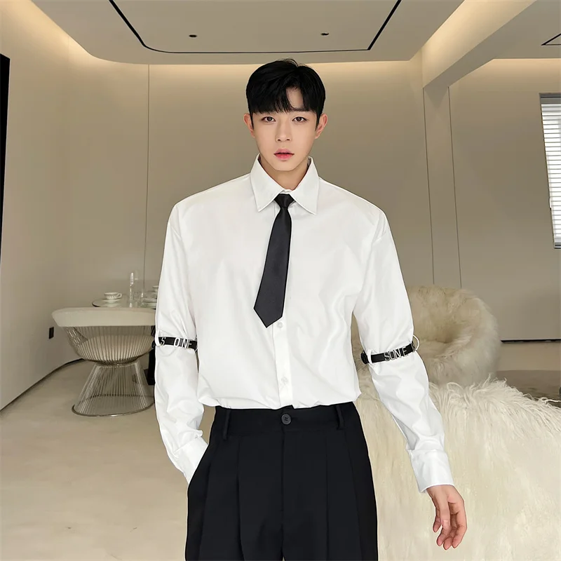 

SYUHGFA Niche Design Men's Shirt Long Sleeve Adjustable Belt Casual Solid Color Top 2023 Spring New Korean Fashion Tide
