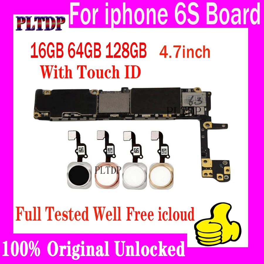 

For iphone 6S Motherboard 16GB 64GB 128GB, Unlocked for iphone 6S 4.7inch Logic board With/NO Touch ID free icloud motherboard