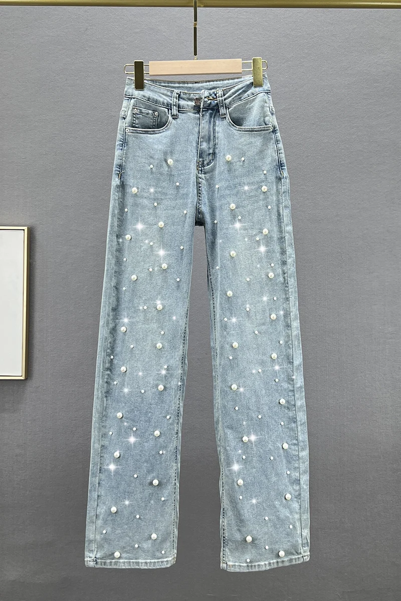 Women's Mop Trousers 2023 New Spring High Waist Loose and Slim Straight Jeans Heavy Industry Beads Wide Leg Denim Pants