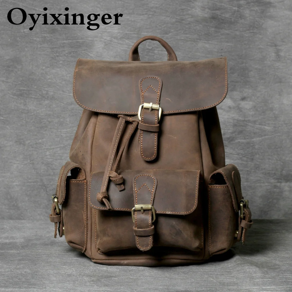 

OYIXINGER Genuine Leather Backpack Crazy Horse Cowhide Bags For Women Handmade Backpacks For 11" IPAD Pro Retro Casual Bag