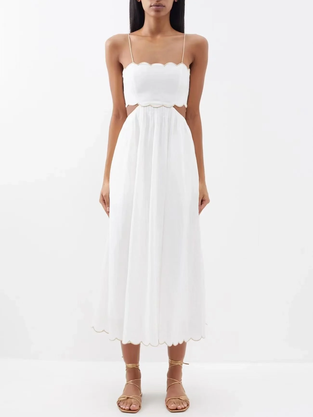 

Женское винтажное платье средней длины, белое однотонное льняное элегантное платье с вырезами, открытой спиной и перекрестными завязками, весна-лето 2023