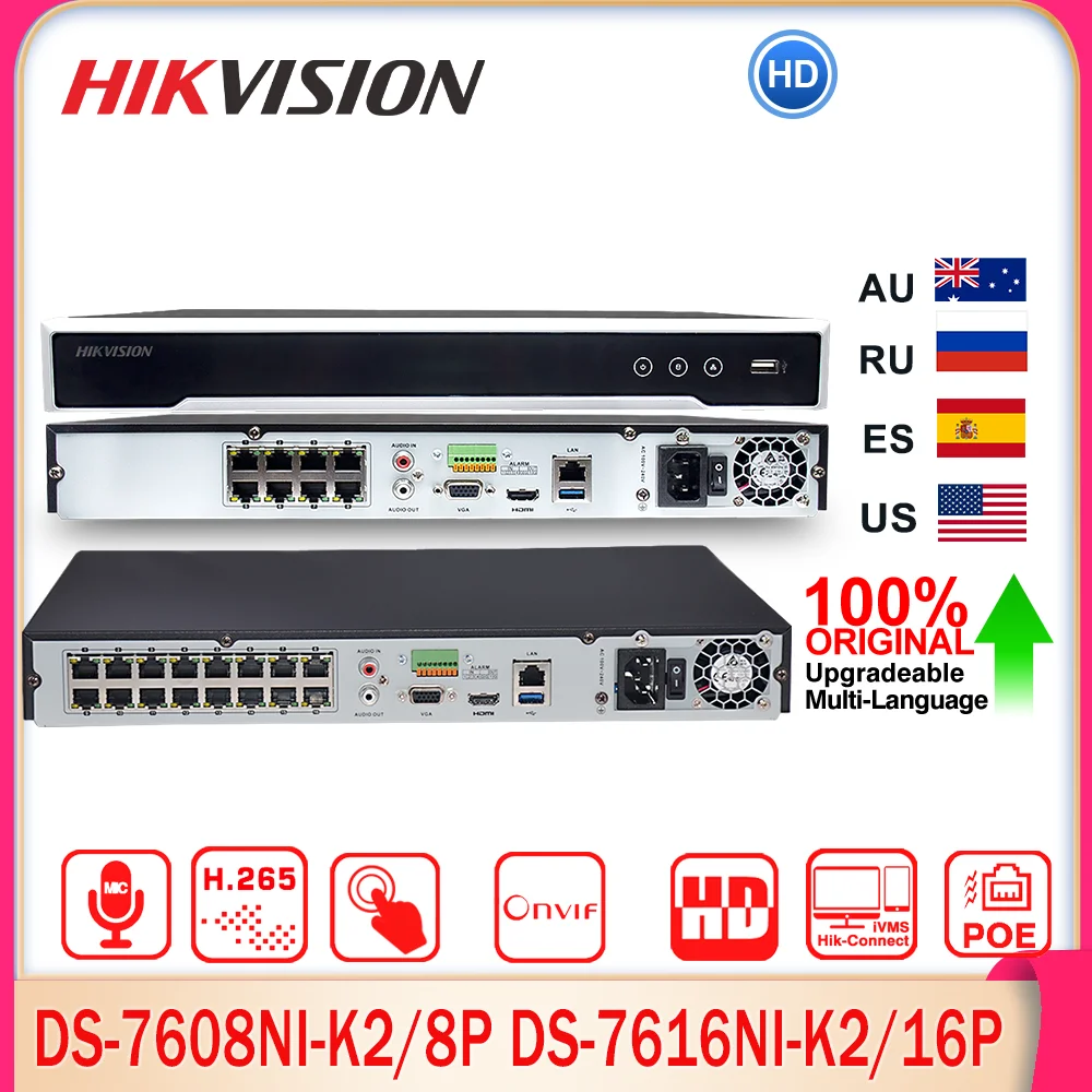 Сетевой видеорегистратор Hikvision DS-7608NI-K2/8P DS-7616NI-K2/16P 4K 8/16CH PoE NVR 8MP 2SATA H.265 для