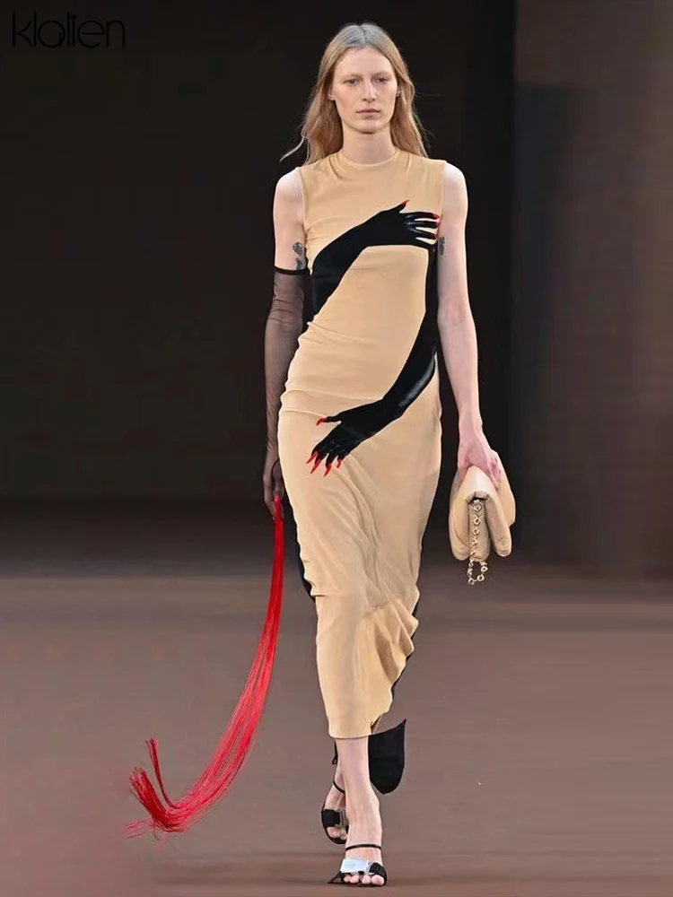 

KLALIEN Fashion Casual Print O Neck Sleeveless Maxi Dresses For Women Summer New Simple Slim Stretch Office Lady Street Dresses