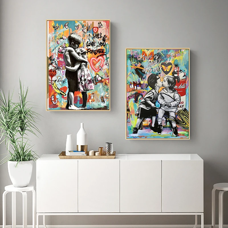 

Street Graffiti Boy and Girl Kissing Holding Hands Hugging Art Canvas Art Poster and Print Paintings Wall for Home Decor Pictur