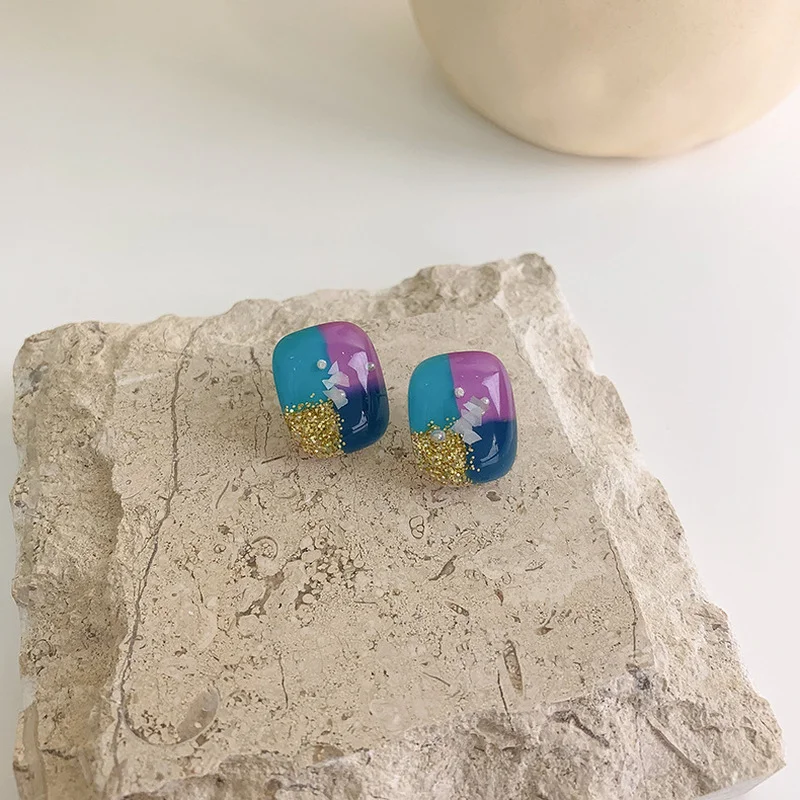 

LOVOACC Cute Lovely Colorful Contrast Color Resin Earring for Women Mujer Bling Sequined Square Stud Earrings Everyday Jewelry