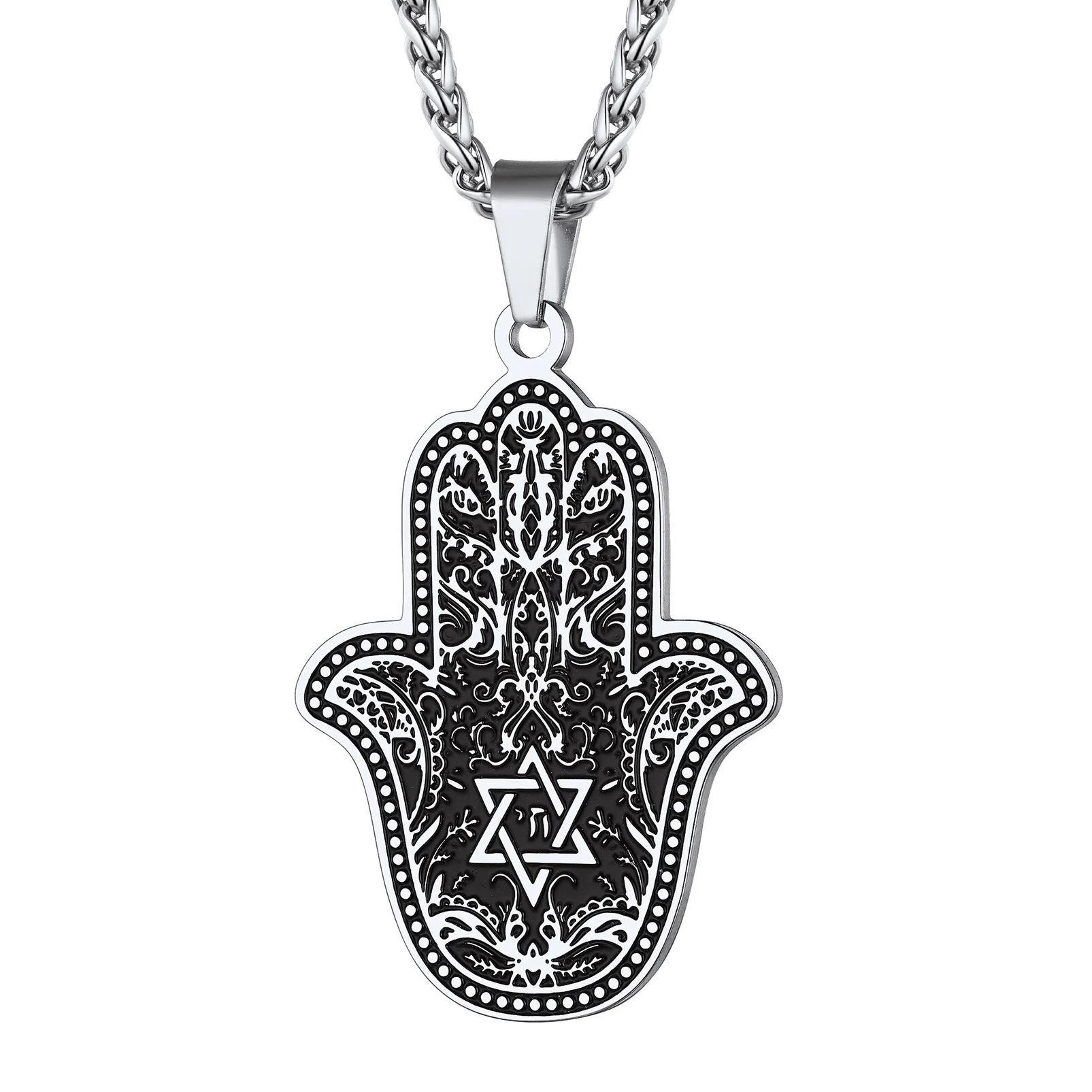 

Vintage Hamsa Hand of Fatima Evil Eye Necklace Good Luck Success Amulet Jewelry Stainless Steel Necklace for Men Women CP741