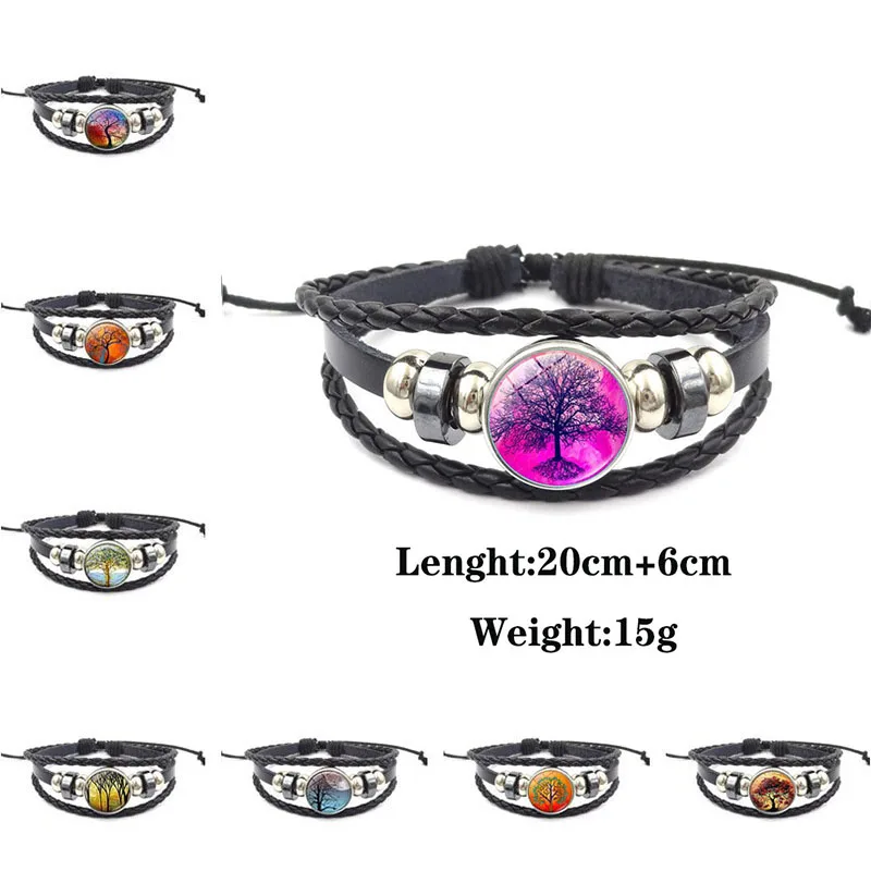 

Punk Tree of Life Glass Gemstone Bracelet Mens Adjustable Leather Braided Rope Chain Colorful Pattern Bracelet Jewelry for Women