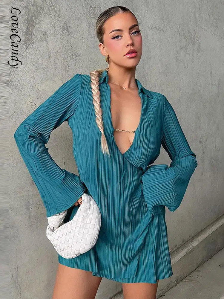 

Sexy Lapel Loose Ribbed Mini Dress Women Long Sleeve V-neck Low Cut Spliced Casual Dresses Summer Female Solid Color Homewear