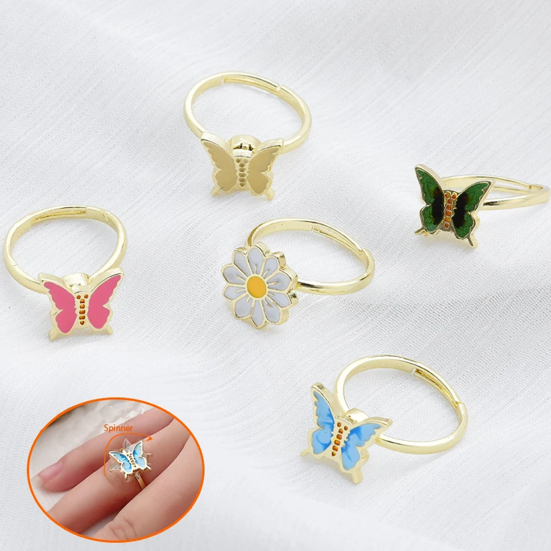 

Кольцо-Спиннер женское, регулируемое открытое антистрессовое кольцо с цветком маргаритки, бабочкой
