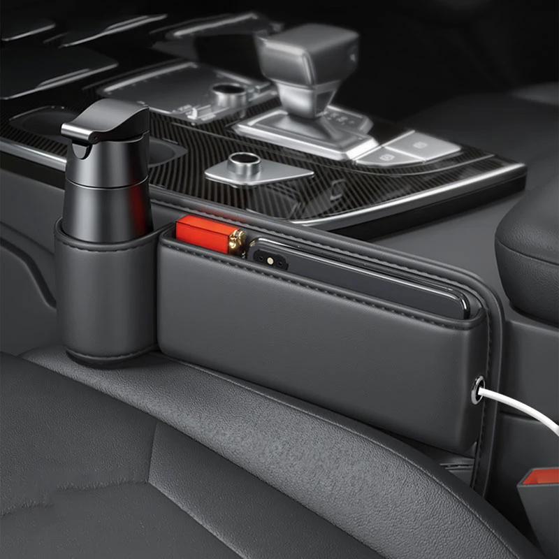 Premium Car Seat Gap Organizer Textured Pu Leather Front Storage Bag with Cup Holder Auto Center Console Crevice Filler |