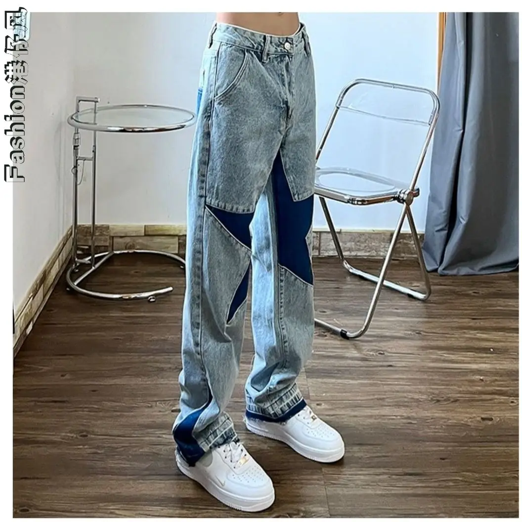 European and American High Street Tide Brand Washed and Worn Jeans Five-pointed Star Stitching Loose Straight Pants Men