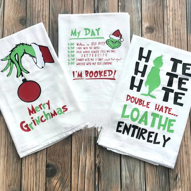 

Grinch kitchen tea towel Christmas Holiday hostess gift present Merry Xmas Eve Family Friends dinner party farmhouse decoration