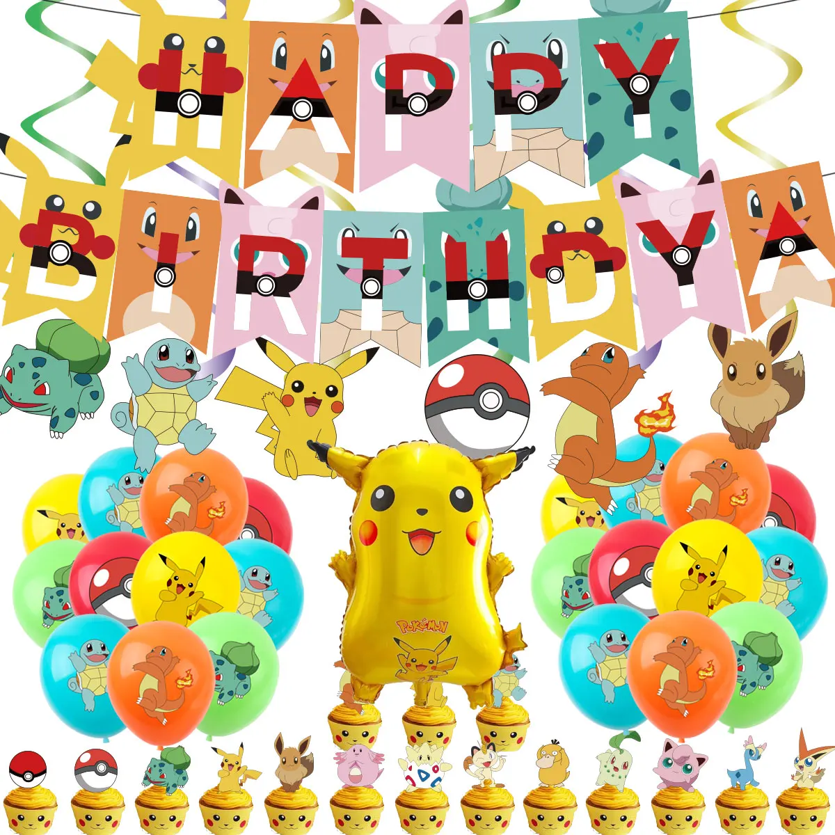 

Pokemon Anime Theme Children's Birthday Party Decoration Supplies Little Fire Dragon Jackie Turtle Balloon Banner Hanging Flag