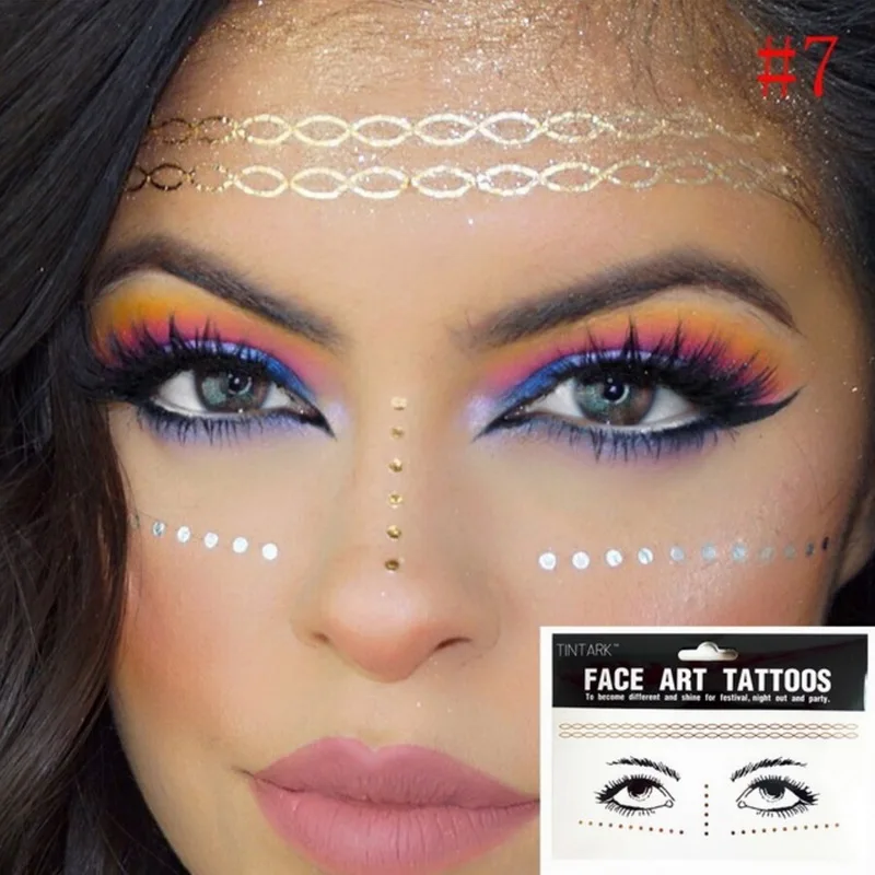 1pc New Gold Face Temporary Tattoo Waterproof Blocked Freckles Makeup Stickers Eye Decal Bride Tribe Girl Party Wholesale - купить по