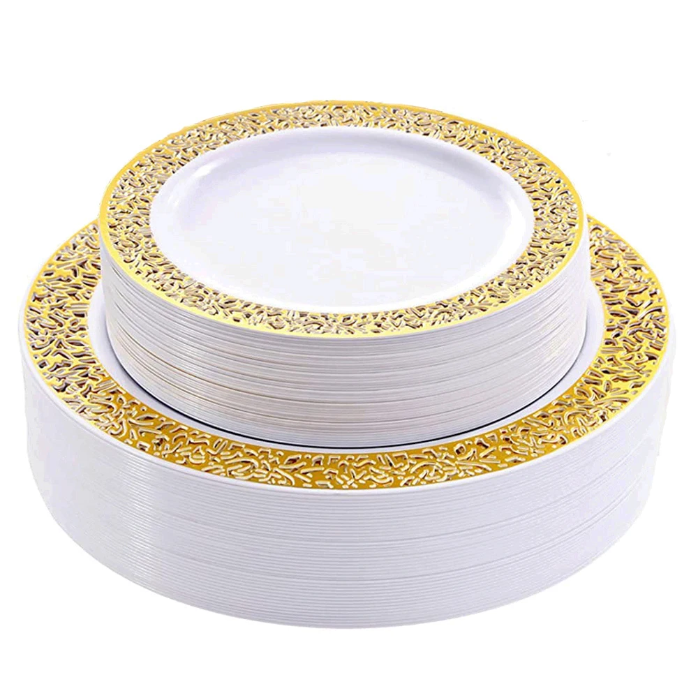 

25Pcs Gold Disposable Plastic Plates -Lace Design Wedding Party Plates,Plastic Dinner Plates Salad/Dessert Plates Tableware Set