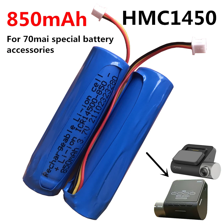 

850mAh High Capacity Li-ion Battery for 70mai Smart Dash Cam Pro Midrive D02 HMC1450 Replacement Batteries 3-Wire Plug 14*50mm
