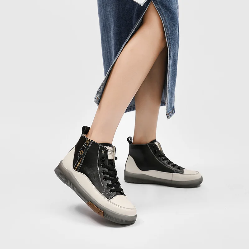 Women's Boots Genuine Leather Spring 2023 New Casual Shoes British Style High Top Board Shoes Small White Ankle Boots Women