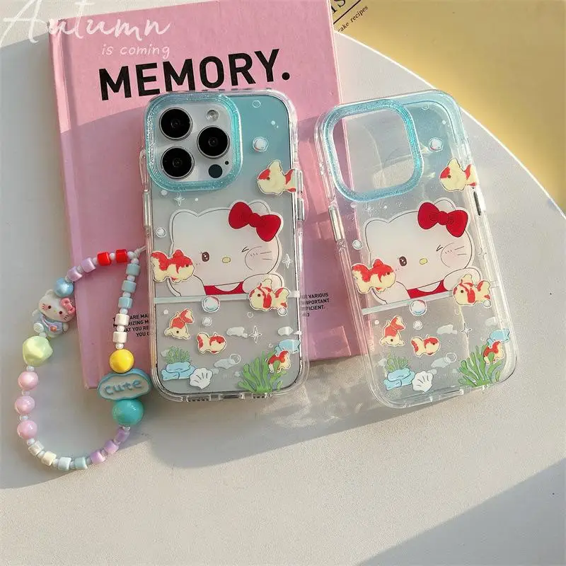 Чехол Hello Kitty для iPhone 16 Pro Max Kawaii Sanrio модная цепочка телефона с милой девушкой
