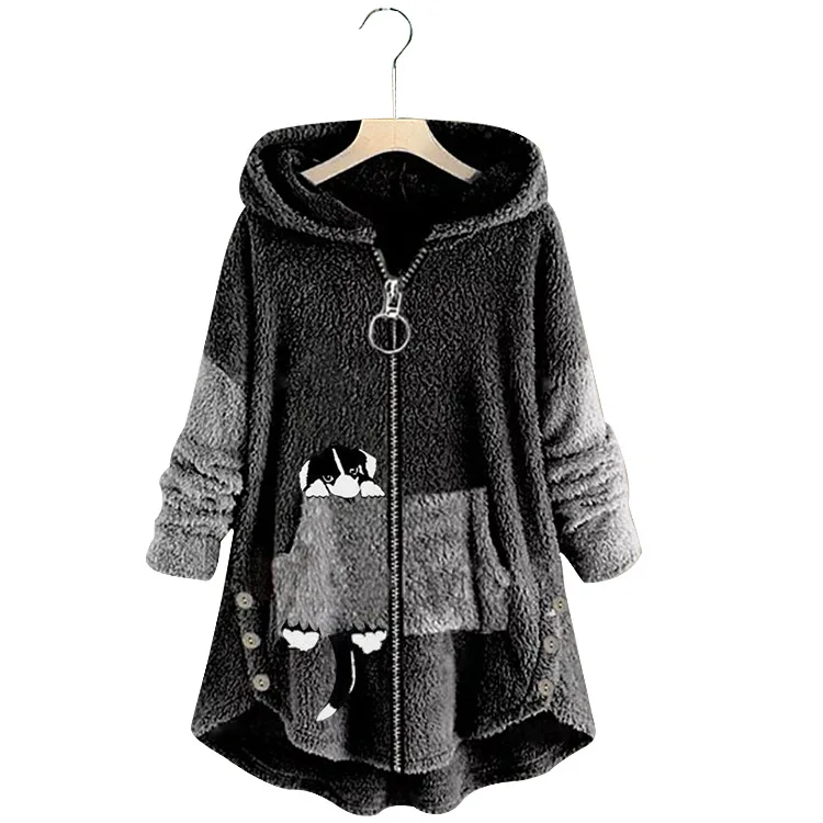 Plus Size Women's Loose Large Plush Hooded Long Sleeve Top with Pockets Winter Warm Sweatshirt Ey*