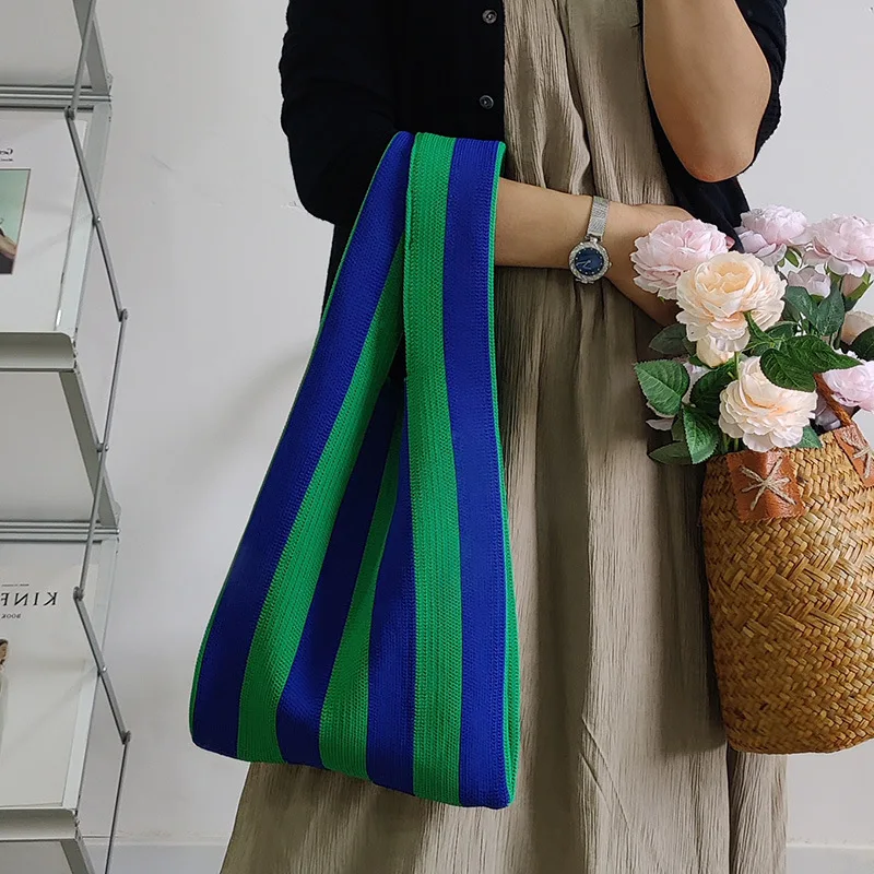 

Women Clash Color Stripe Shoulder Wrist Underarm Bag Wool Woven Retro Chic Large Capacity Tote Shopper Handbag With Strap