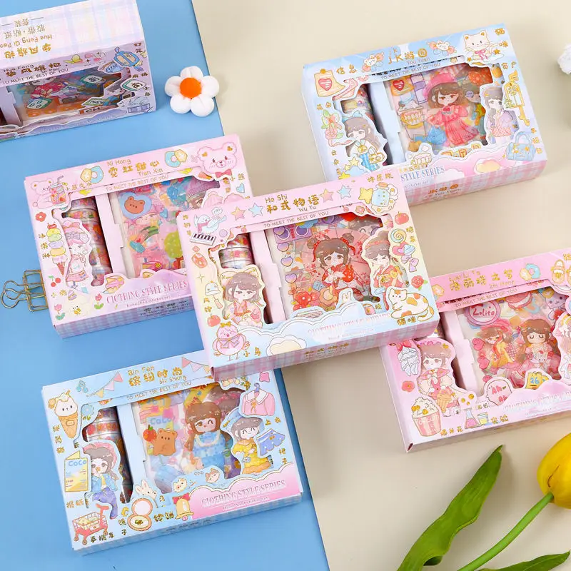 

Vintage Make Up Girls 6Rolls PET Tape 6PCS Die Cut PET Stickers Stationery Gift Box Set For DIY Scrapbooking Phone Case
