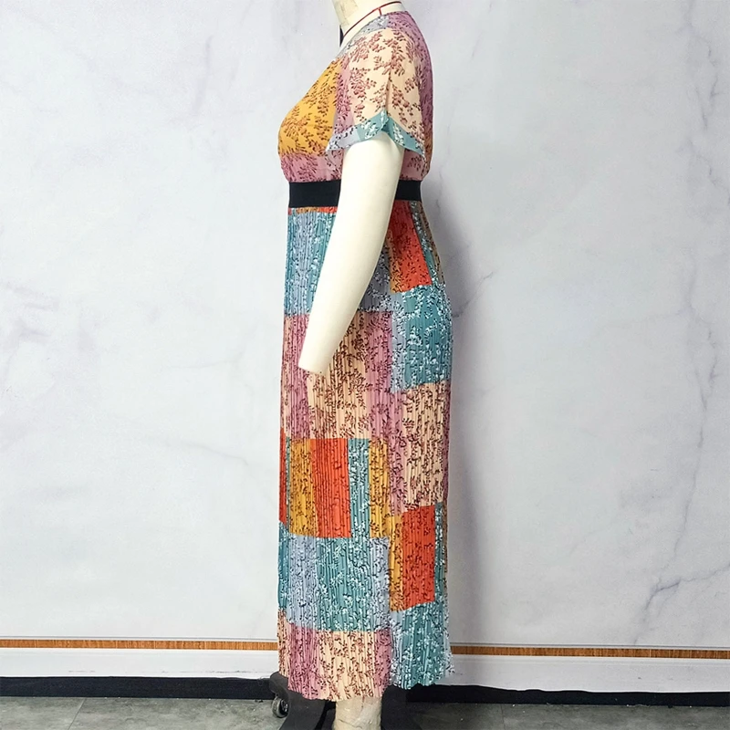

Women Flutter Short Sleeve Sexy V-Neck Maxi Long Swing Dress Retro Colorblock Floral Stitching High Waist Beach Sundress