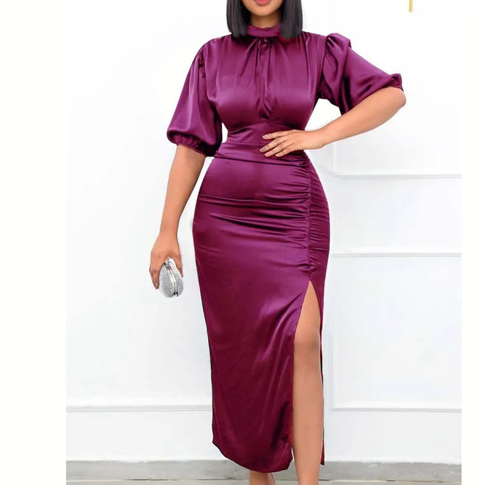 

Office Dress High-neck Short Sleeve Solid Color Pleated High-waist Elegant Commuter Dress For Women 2022 Summer