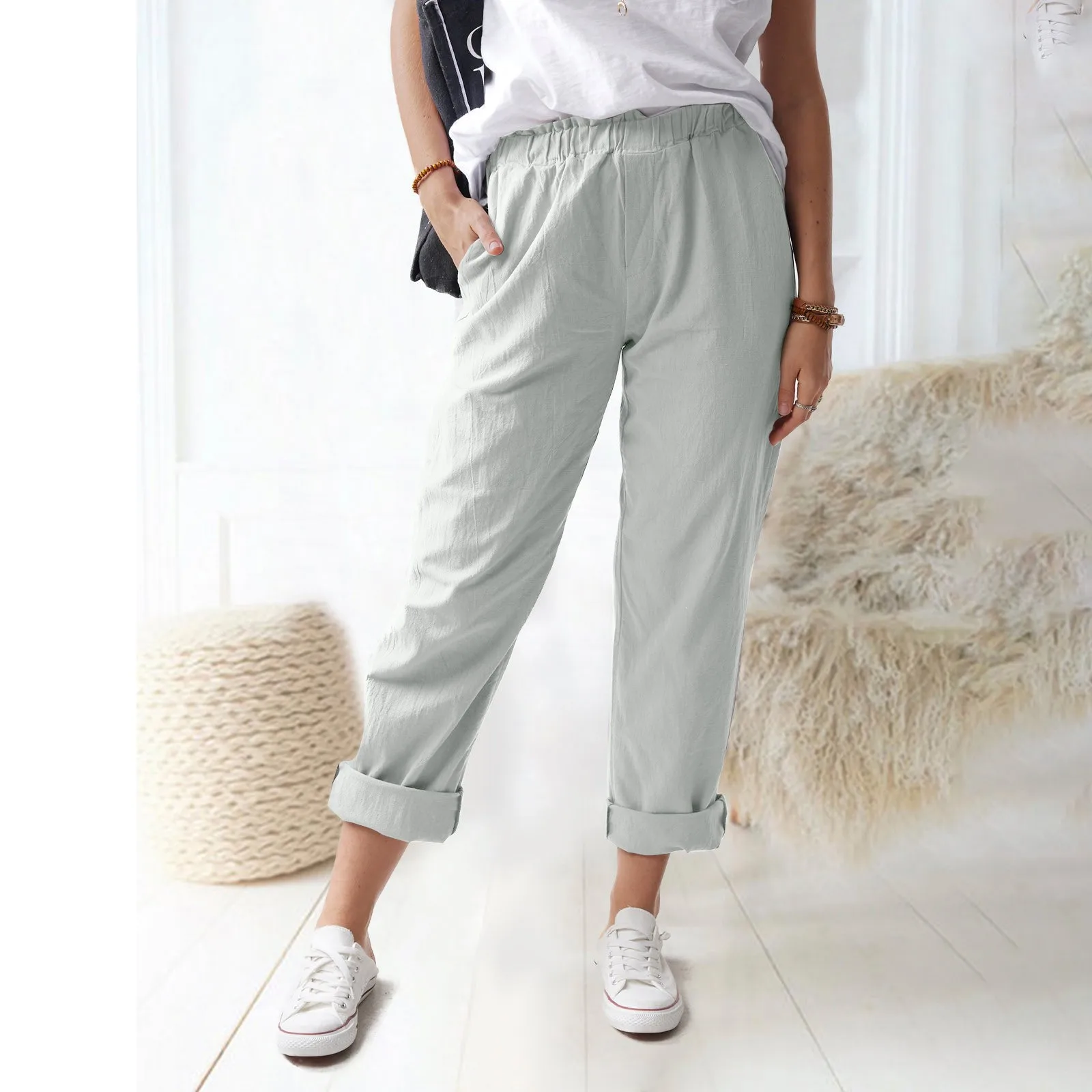 Cotton Linen Harem Pants for Women Vintage Casual Solid Elastic Waist Straight Pants with Pockets Beach Work Busines Trousers
