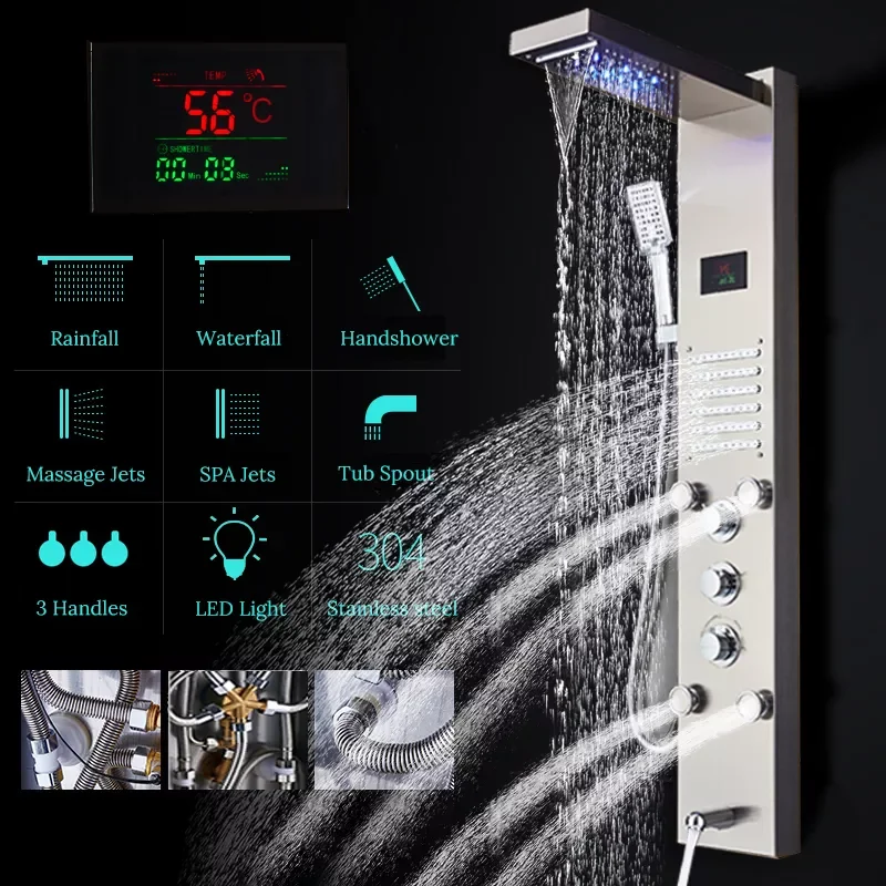 

Luxury Gold Brushed orb Shower Column Faucet Led Light Bathroom Bath Shower System SPA Massage Sprayer Temperature Screen Show