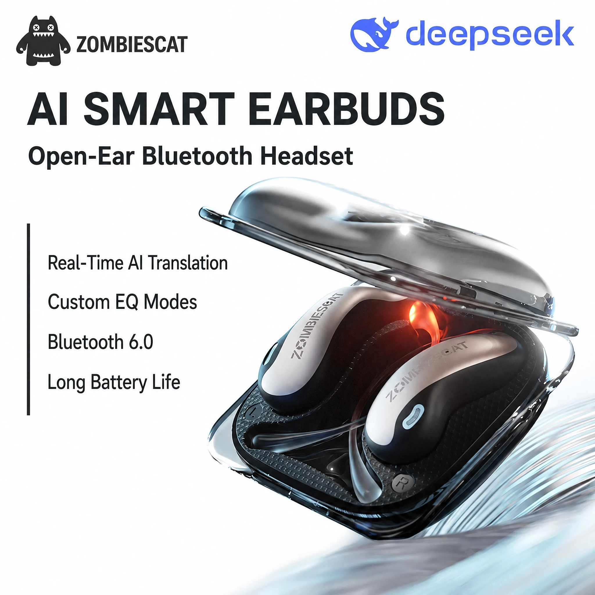 Фото Беспроводные наушники ZOMBIECAT B22 Open Ear с Bluetooth 6.0, 14-мм драйвером, LED-подсветкой и AI-переводом для бега и велоспорта №1