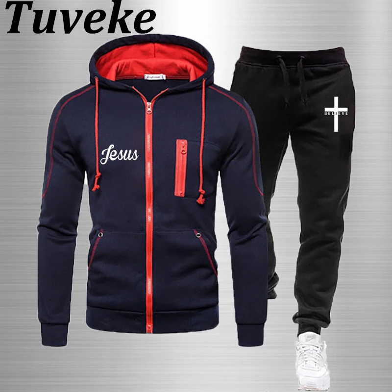

Tuveke Men's Casual I Believe In Jesus Christ Print Suit Fashion Hooded Drawstring Fleece Warm Tracksuit